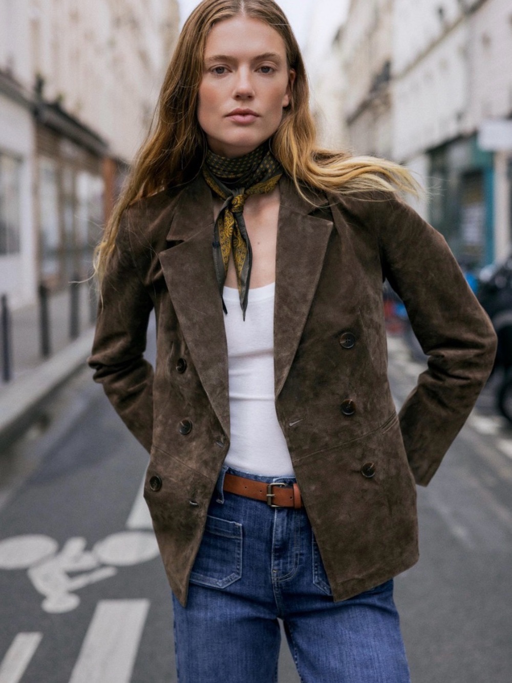 $229 Zara Dark Brown Double-Breasted Suede Blazer Size Large
